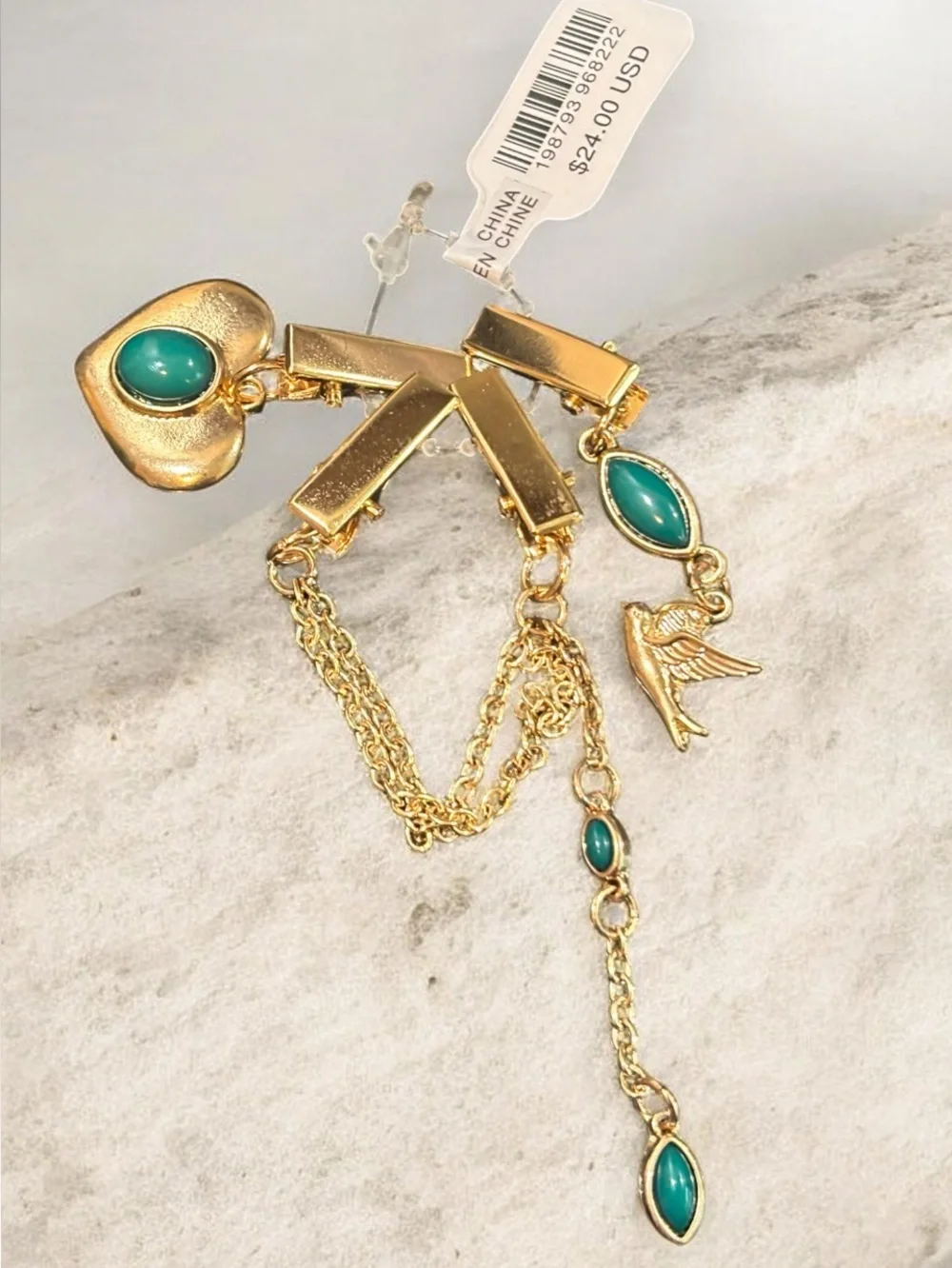 Free People Gold-Tone Green Accent Drop Alligator Clip Barrette Set NWT